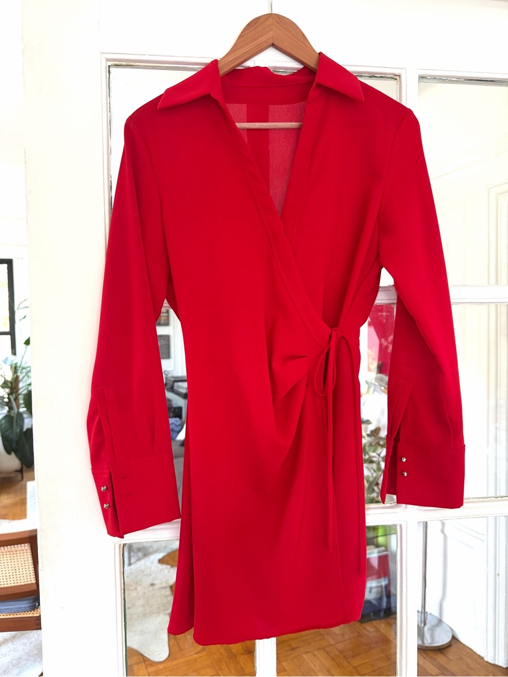 Red Wrap-Front Long Sleeve Dress